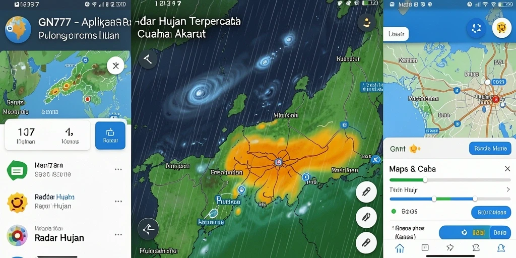 Antarmuka aplikasi GN777 menampilkan peta radar hujan dengan detail yang jelas.