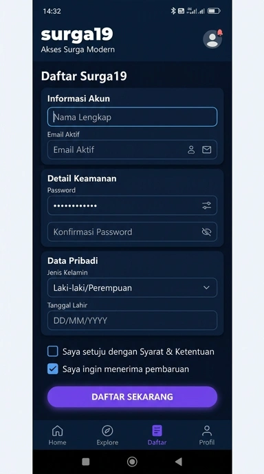 Panduan Registrasi Akun Baru surga19 untuk Android